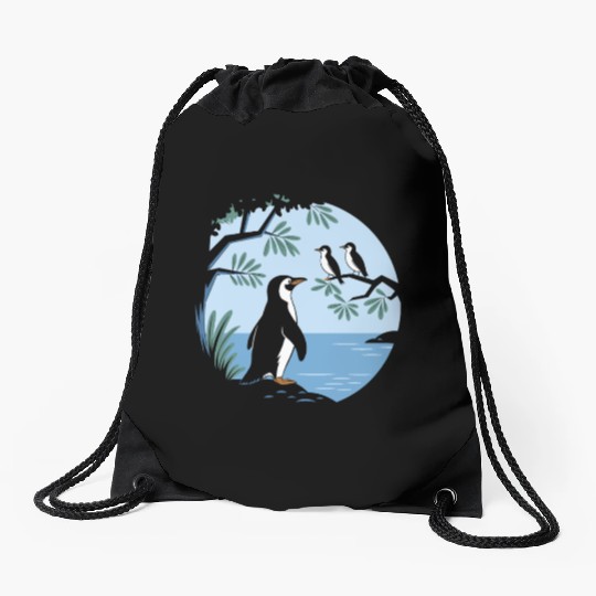 Birdwatching Penguins Nature Scene Drawstring Bags