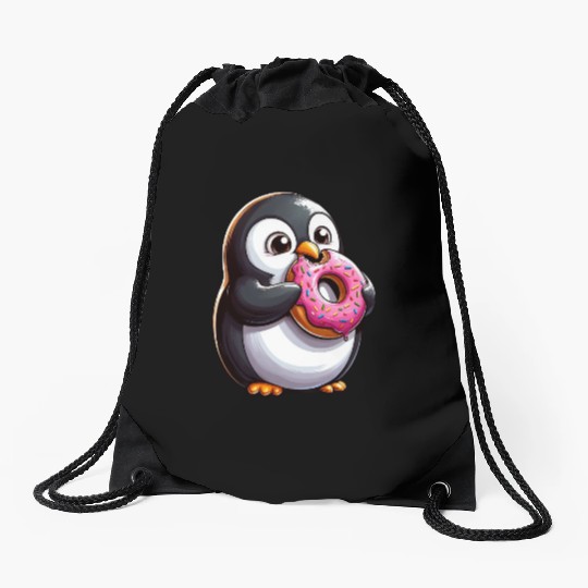 Cute Penguin Donut Cartoon Crazy Sweet Treat Drawstring Bags