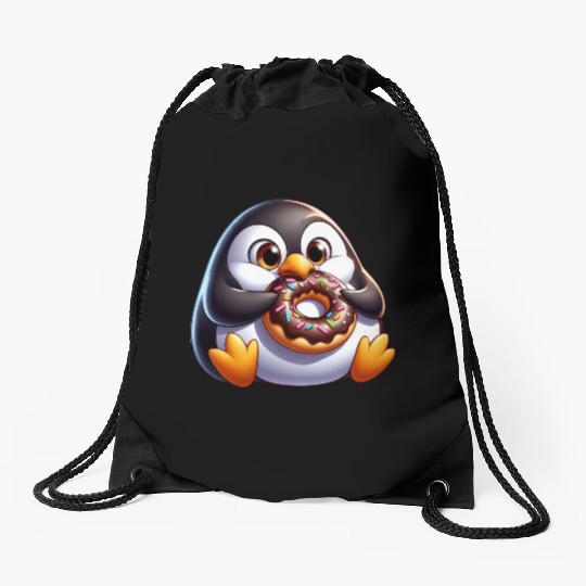 Cute chubby penguin with donut cartoon Drawstring Bags