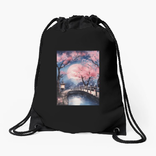 Watercolor cherry blossom festival full moon Drawstring Bags