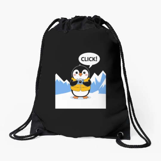 Penguin Photographer Click Adventure Drawstring Bags