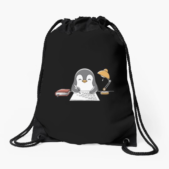 Writer Author Penguin Scribbling at Desk Drawstring Bags