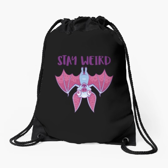 Stay Weird Quirky Albino Vampire Bat Cartoon Drawstring Bags