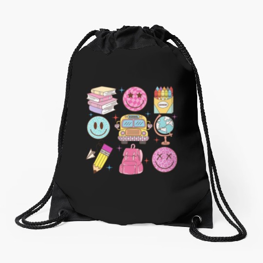Back To School School Bus Smiling Faces Pencil Cra Drawstring Bags