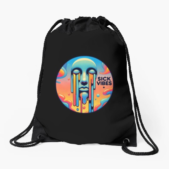 Psychedelic Melting Face with Vibrant Neon Drawstring Bags