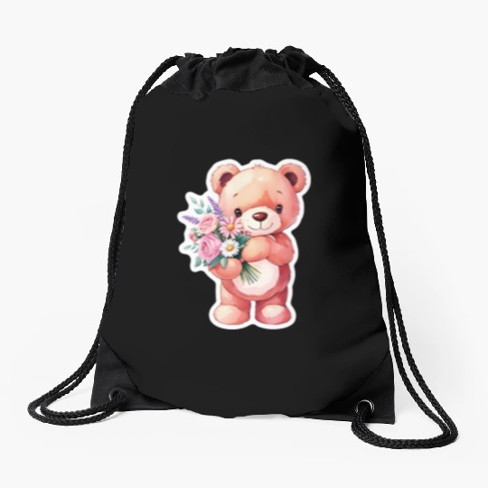 Teddy bear with bouquet of flowers Drawstring Bags