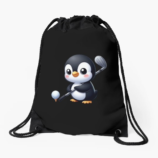 Cute Penguin Golfer Cartoon Quirky Funny Drawstring Bags