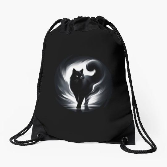 Mysterious and Elegant Black Cat Walking in Light Drawstring Bags