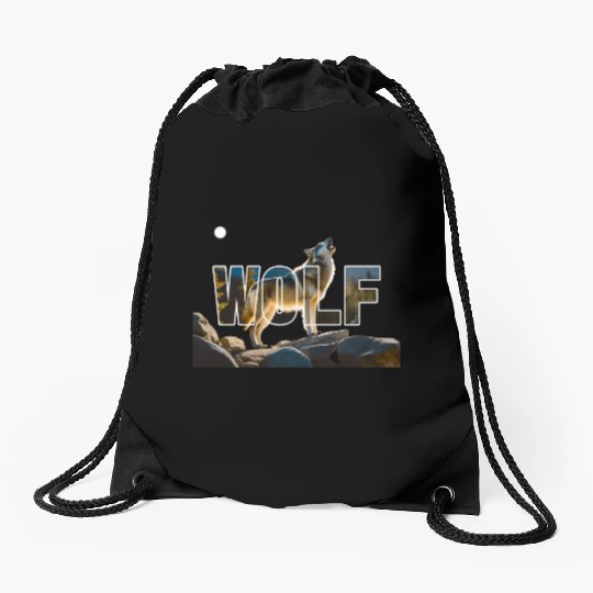 Wolf howl on the rocks at night Drawstring Bags