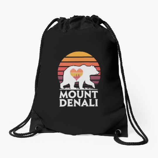 Retro Mount Denali Bear Sunset Art Drawstring Bags