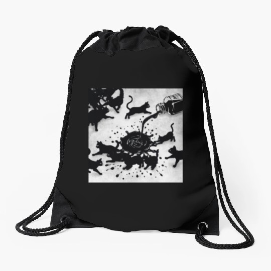 Spilled ink bottle pours black cats Drawstring Bags