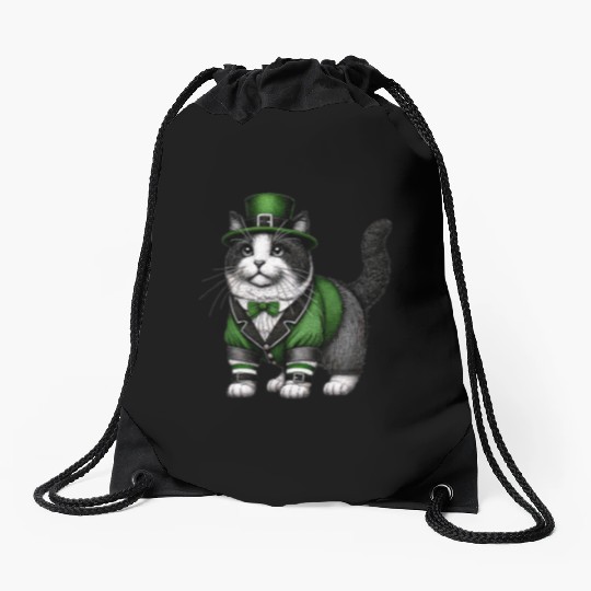 Lucky Cat in Green - St. Patrick’s Day Drawstring Bags
