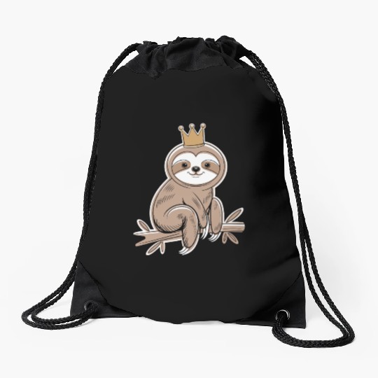 Cute Sloth with Royal Crown Relaxing on Branch Drawstring Bags