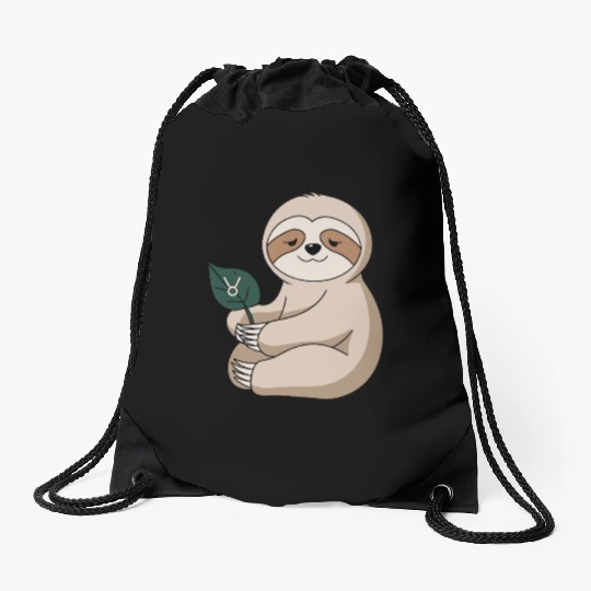 Taurus Zodiac Sloth Holding Leaf Drawstring Bags