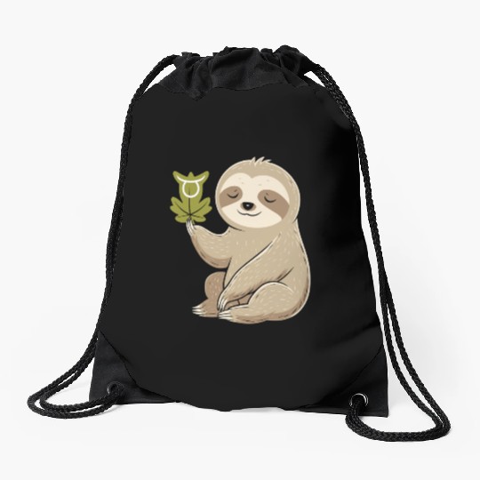 Taurus Zodiac Sloth with Leaf Symbol Serenity Drawstring Bags