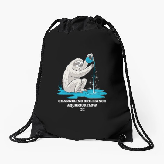 Channeling Brilliance Aquarius Zodiac Sloth Flow Drawstring Bags