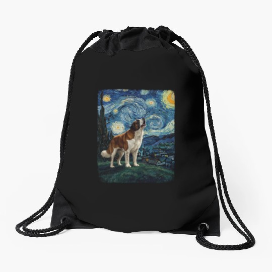 Saint Bernard Howling At Moon Starry Night Van Gog Drawstring Bags