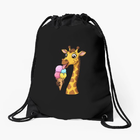 A giraffe licking a giant ice cream cone. Drawstring Bags