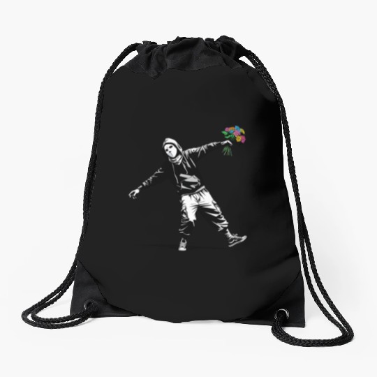 Banksy Protester Throwing Flowers Drawstring Bags