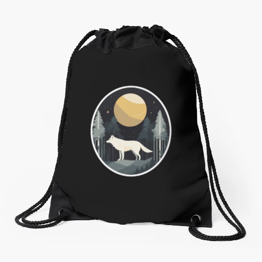 Lone Wolf Under Moonlit Sky Drawstring Bags