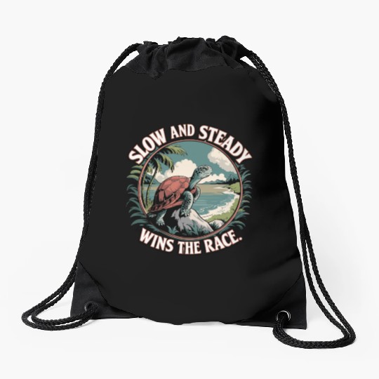 Slow And Steady Turtle Wins The Race Illustration Drawstring Bags