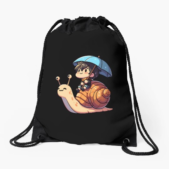 Chibi Snail Rider's Rainy Day Adventure . Drawstring Bags