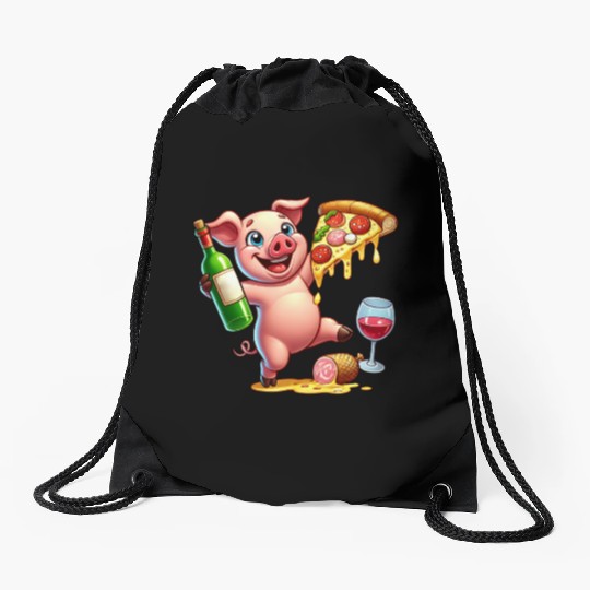 Happy Pig Pizza Fast Food Lover Drawstring Bags