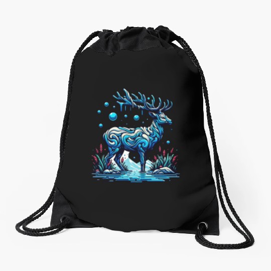 Majestic Blue Deer in Enchanted Forest Drawstring Bags