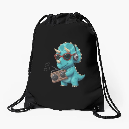 Dino cartoon triceratops listening to music Drawstring Bags