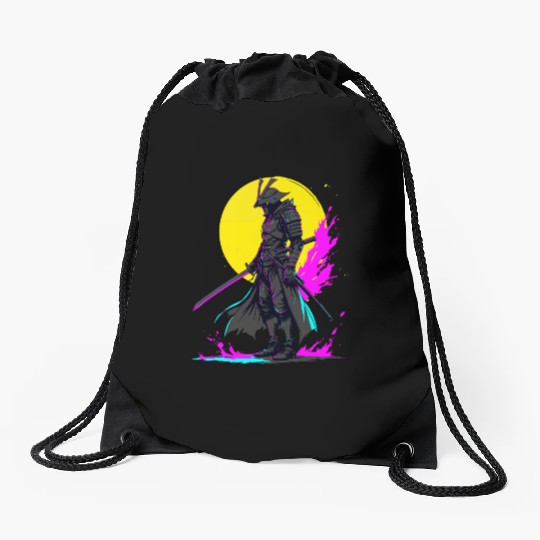 Cyberpunk Samurai Warrior Neon Art Design Drawstring Bags