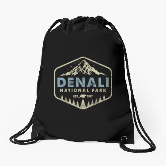 Retro Denali National Park Mountains Nature Hiking Drawstring Bags
