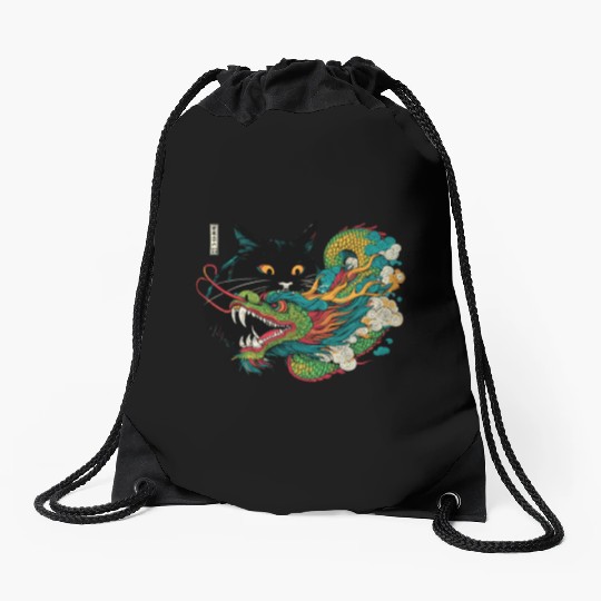 Ukiyo-e Black Cat Chinese Dragon Drawstring Bags