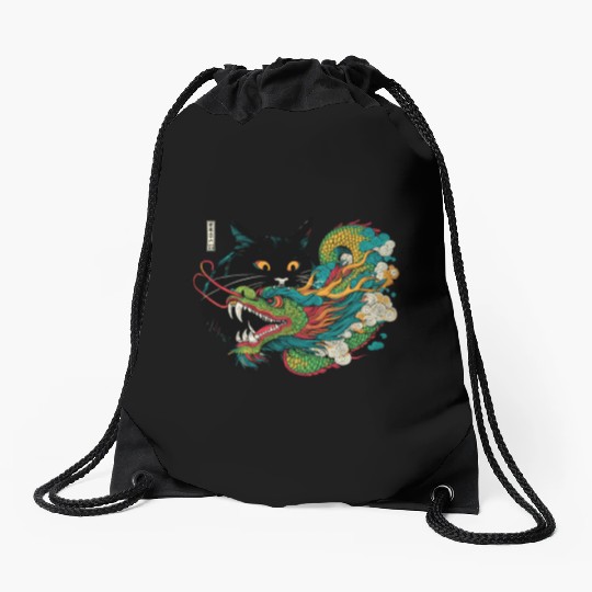 Ukiyo-e Black Cat Chinese Dragon Drawstring Bags