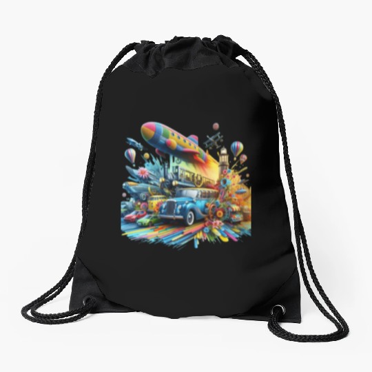 Multi-Colored Vehicles Drawstring Bags