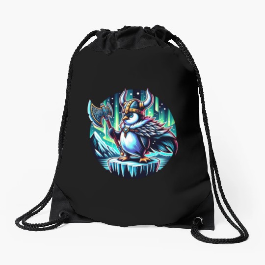 Viking Penguin with Axe Under Northern Lights Drawstring Bags
