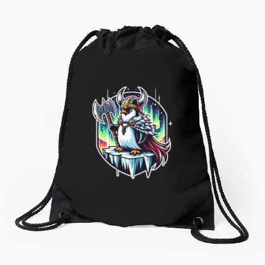 Viking Penguin Conquering Northern Lights Drawstring Bags