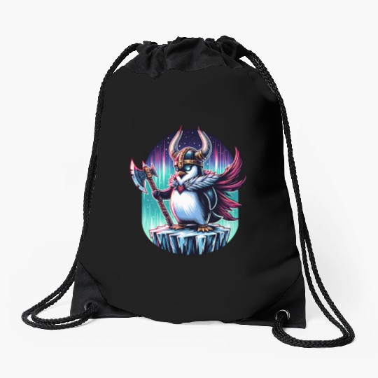 Viking Penguin Warrior Under Northern Lights Drawstring Bags