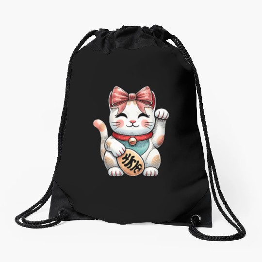 Coquette Bow Maneki Neko Japanese Cat Lucky Pink Drawstring Bags