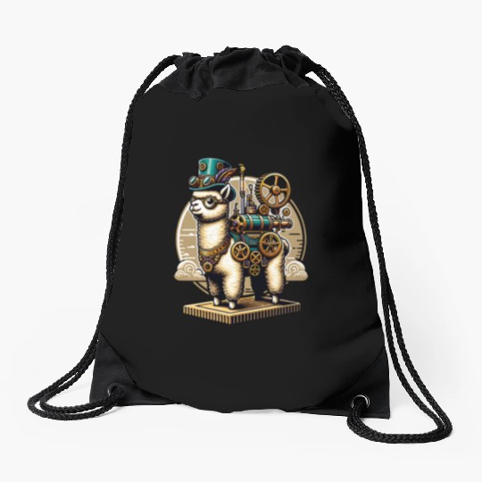 Steampunk Llama with Gears and Goggles Drawstring Bags