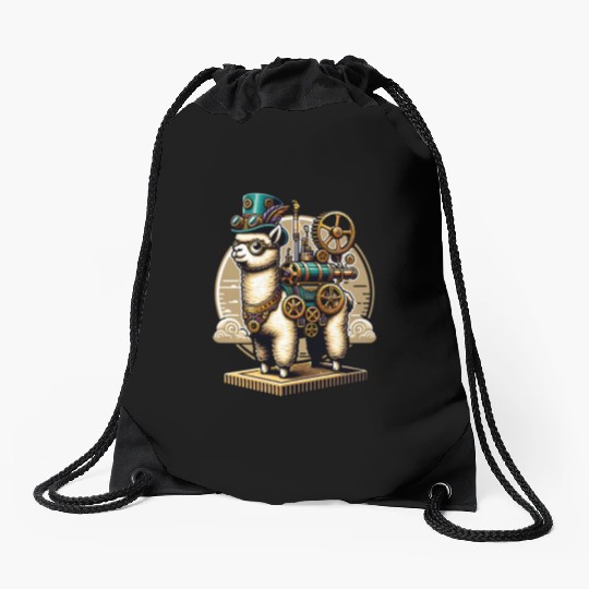 Steampunk Llama with Gears and Goggles Drawstring Bags
