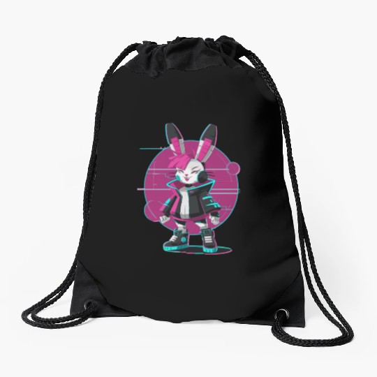 Cyber Bunny with Futuristic Style and Neon Colors Drawstring Bags