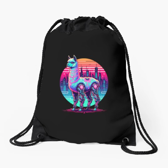 Futuristic Cyber Llama in Neon Cityscape Drawstring Bags