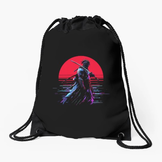 Cyberpunk Samurai Warrior Under Neon Moon Drawstring Bags