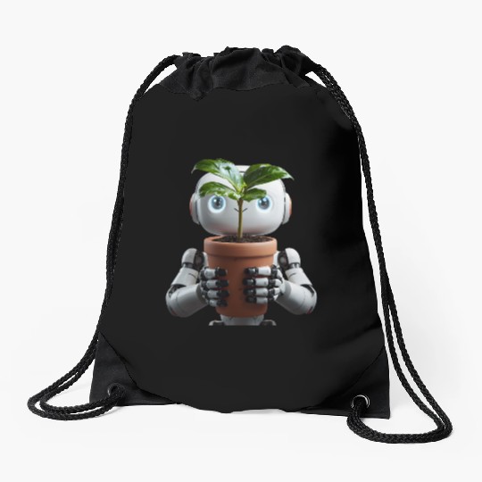 Robot Cradling Green Plant In Terracotta Pot Drawstring Bags