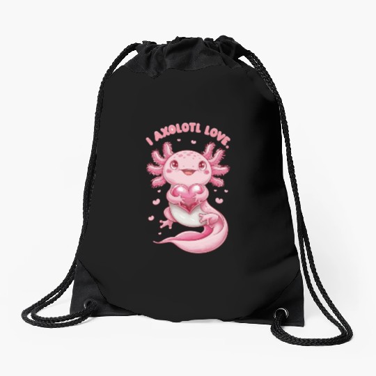 Adorable Axolotl Love Embracing Heartful Charm Drawstring Bags