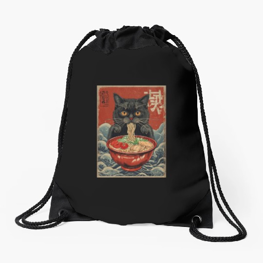 Kawaii cute Vintage Japanese Anime Manga Cat Ramen Drawstring Bags