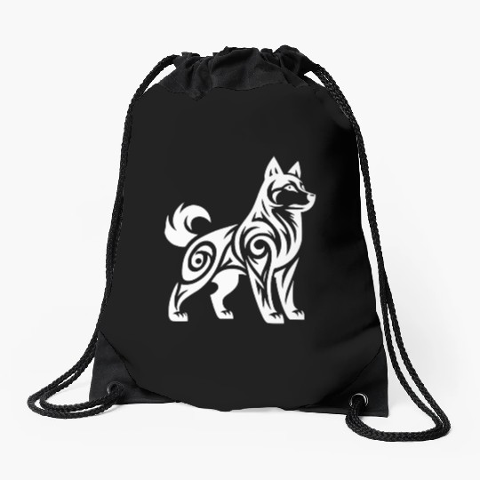 Wolf With Tribal Pattern Mystic Husky Dog Drawstring Bags