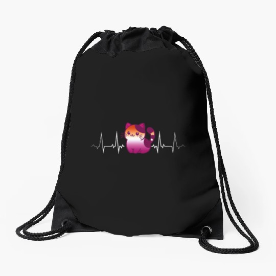 Lesbian Heartbeat Cute Kawaii Cat Pride Love Drawstring Bags