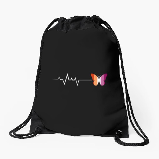 Lesbian Heartbeat Butterfly Pride Flag Colors Art Drawstring Bags