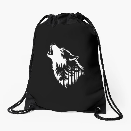 Howling Wolf & Forest Silhouette Drawstring Bags